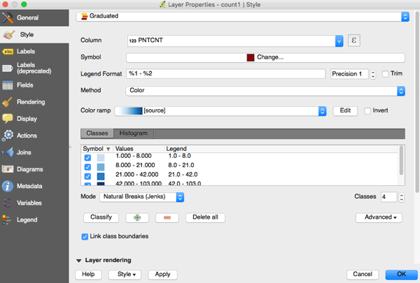 Screenshot showing the graduated color ramp in QGIS.