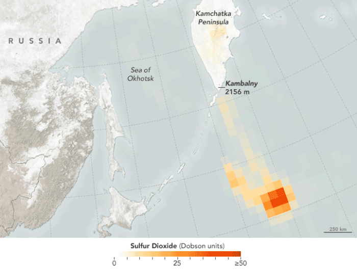 A map showing a dark red area measuring heat from an erupting volcano in Far East Russia.