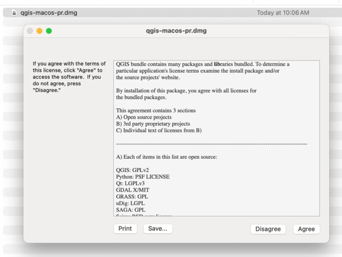 A screenshot of the QGIS agreement page.