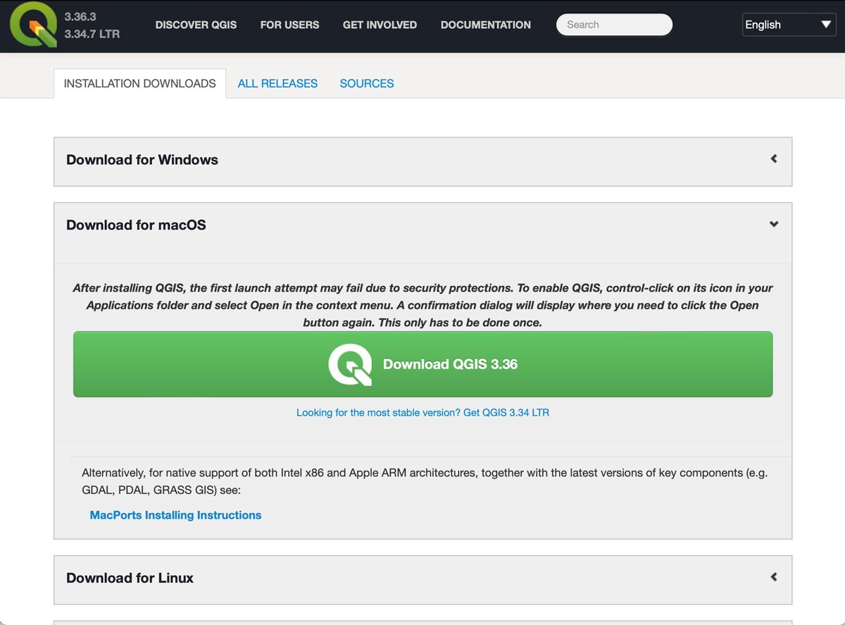 A screenshot of the QGIS page showing a large green button for installing the software.