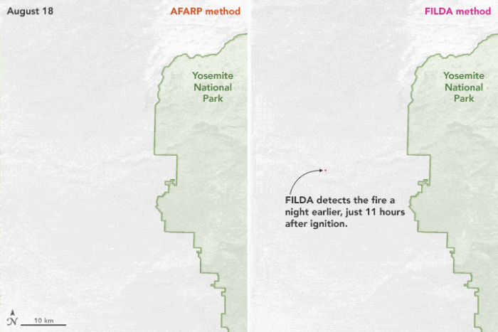 The new Firelight Detection Algorithm (FILDA) detects the start of a fire 11 hours earlier than the standard algorithm, Active Fire Application Related Product (AFARP). Maps: Joshua Stevens, using data from Polivka, T. N., et al. (2016).
