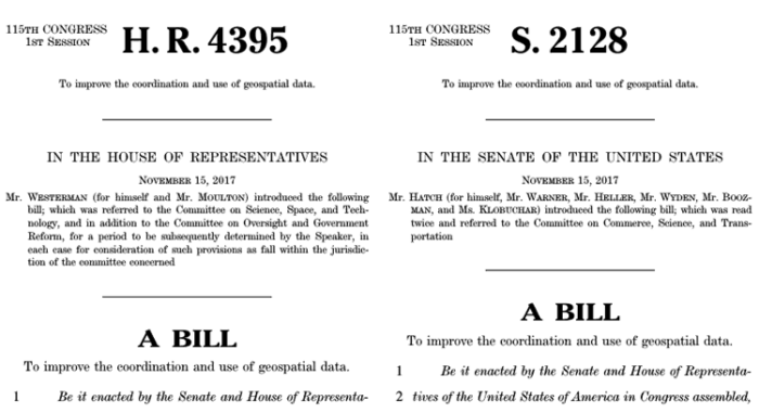 Geospatial Data Act of 2017 was released in both the House (H.R.4395) and Senate (S.2128).