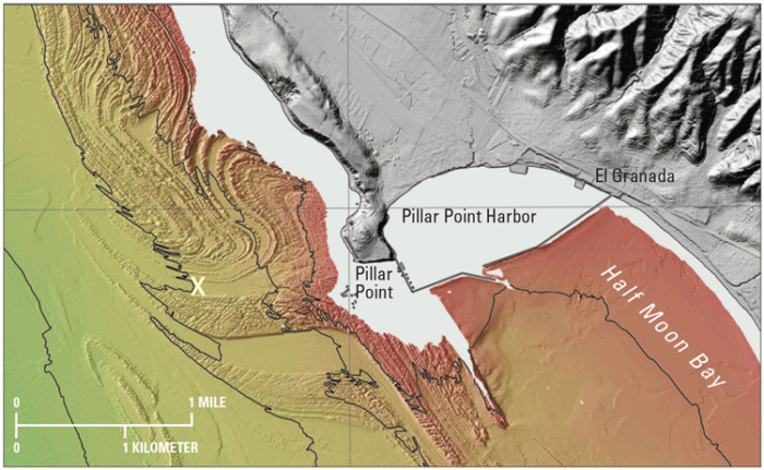 Excerpt from sheet 1 of USGS Open-File Report 2014–1214 produced by the California Seafloor and Coastal Mapping Program. This view shows color shaded-relief bathymetry (seafloor depth) offshore of Half Moon Bay, California, approximately 30 kilometers (20 miles) south of San Francisco.