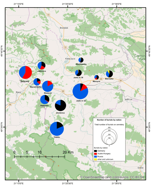Number of burials by nation per cemetery. Map: Lisek, & Nieścioruk, 2015.