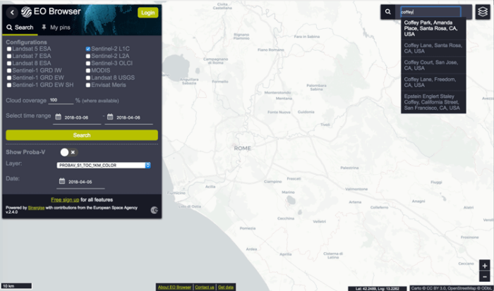 Screenshot from the EO Browser showing a grayscale map and the location of the search box for finding a geographic area.