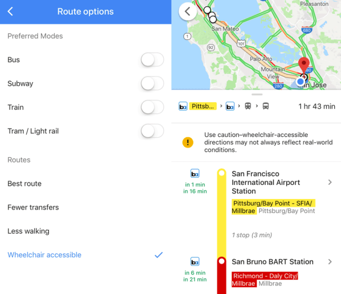 Screenshot showing Google Maps routing for wheelchair access.