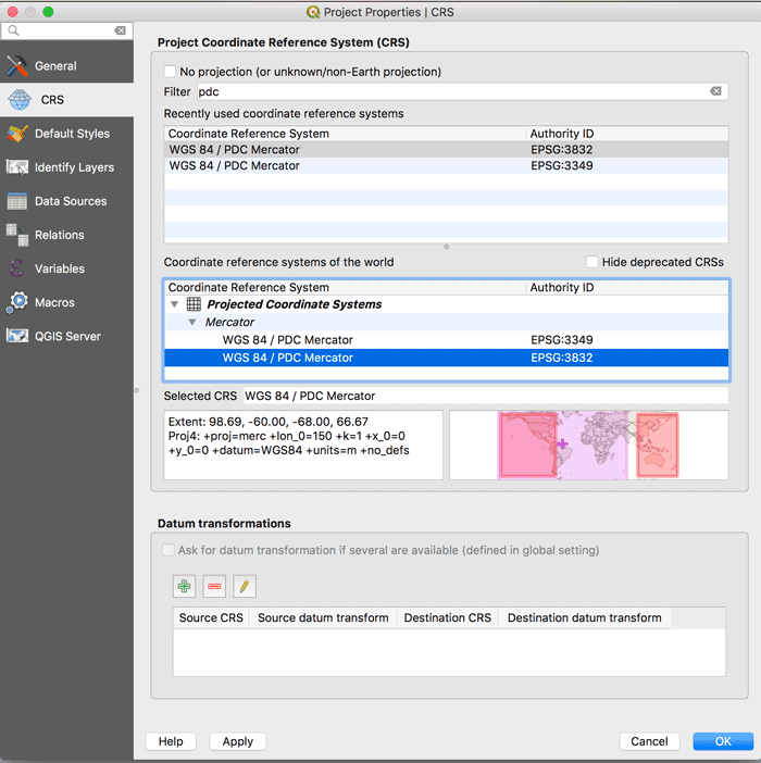 The CRS (Coordinator reference system) properties window in QGIS.