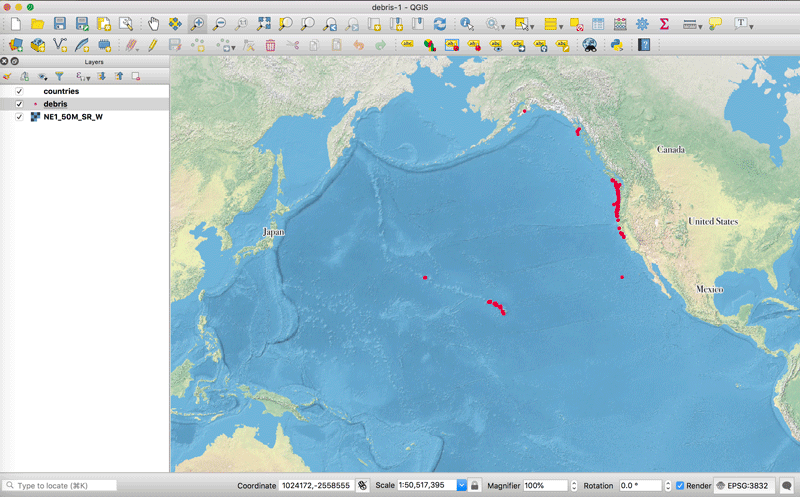 Screenshot showing the reprojected map with a Pacific Ocean centric view in QGIS.