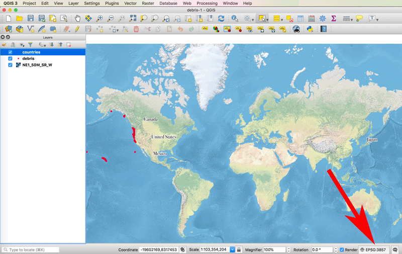 Screenshot showing where to find the map projection information in QGIS.