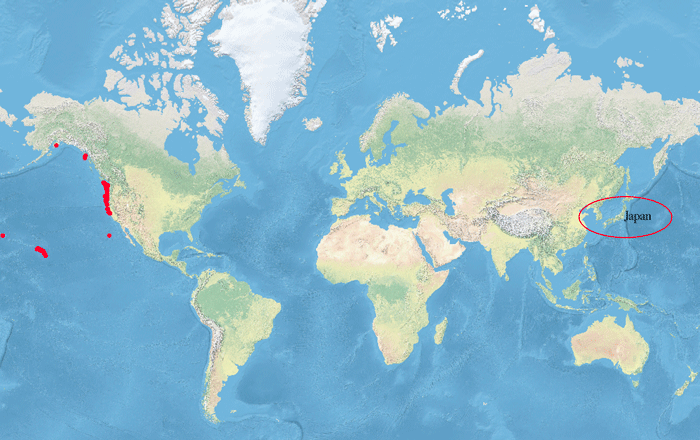 Map showing location of debris along the U.S. West Coast that traveled from Japan after the 2011 tsunami.