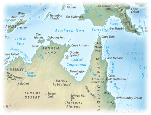 For a few weeks during the spring months in the Gulf of Carpentaria in Australia, Morning Glory cloud formations can be seen. Map showing the location of the Gulf of Carpentaria in Australia. Map: Equal Earth Physical Map, public domain.