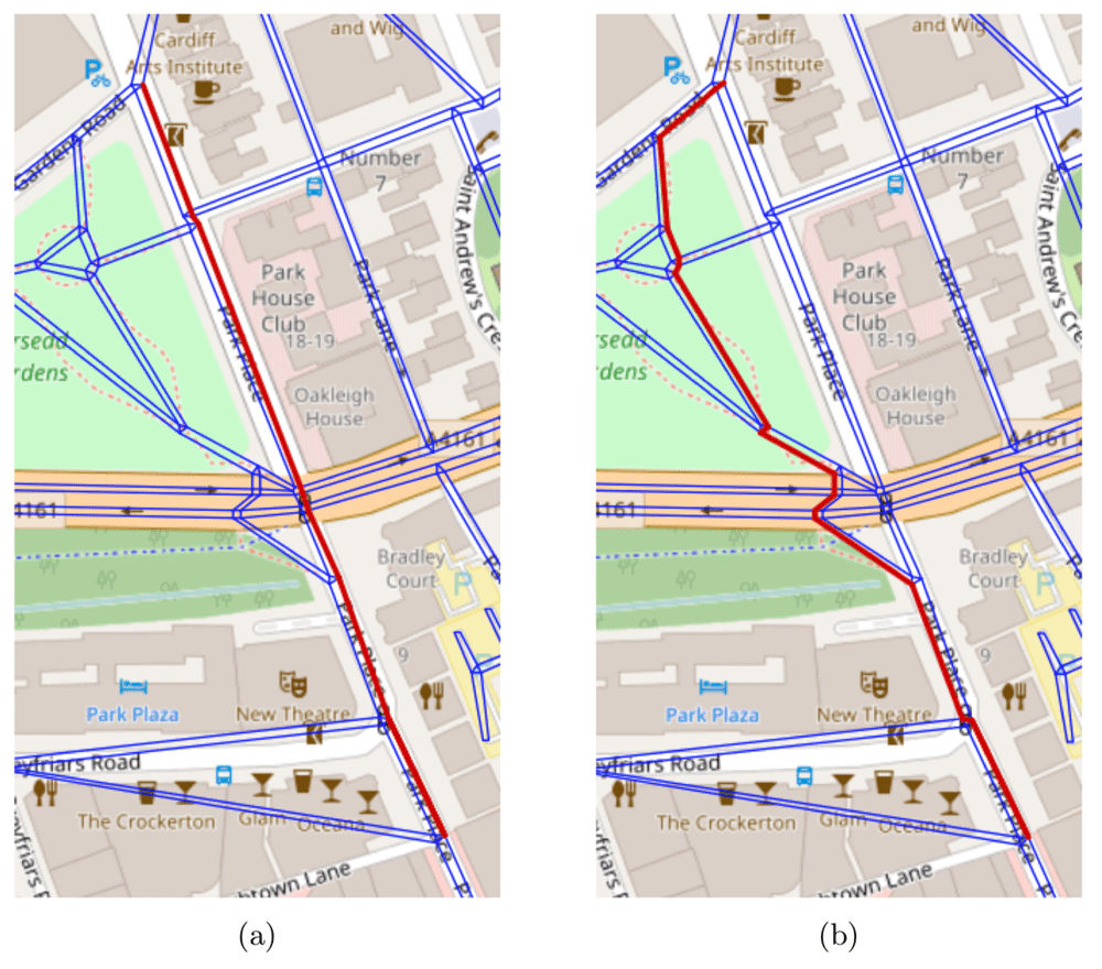 The shortest and safest paths from a location in the top to a location in the bottom is illustrated in (a) and (b) respectively. In both figures the pavement network is represented by a set of blue lines and the path in question is represented by a sequence of red lines.