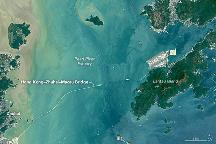 Satellite image over the water showing the location of the Hong Kong-Zhuhai-Macau (HKZM) Bridge.