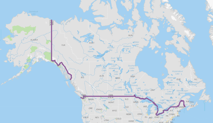 Map showing legal land border (black dots) crossings between the United States and Canada. GIS data from: United States. Bureau of Transportation Statistics
