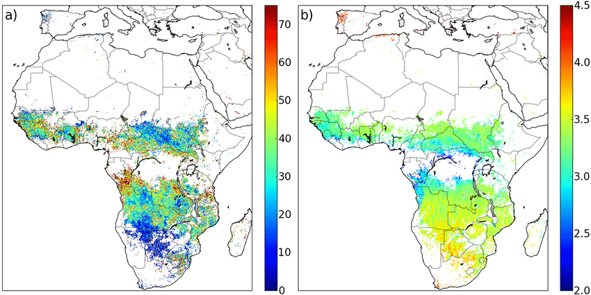 Detection of fire activity at MODIS detection opportunities . (a) Percentage of FRE emitted on days that the SEVIRI instrument did not observe active fires at MODIS overpasses. (b) Number of MODIS detection opportunities per day during the burning season (mean over the study period, weighted for monthly FRP). Figure: Andela, N., Kaiser, J. W., Van der Werf, G. R., & Wooster, M. J. (2015). New fire diurnal cycle characterizations to improve fire radiative energy assessments made from MODIS observations. Atmospheric Chemistry and Physics, 15(15), 8831-8846.