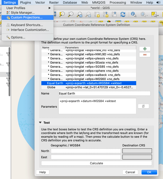 Screenshot show map projections interface in QGIS.