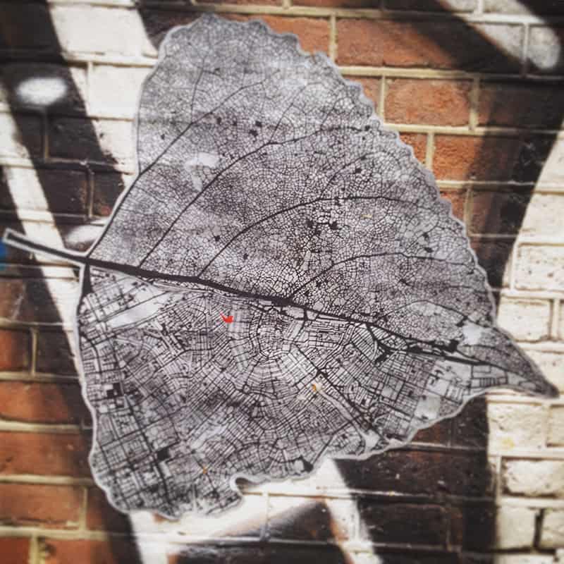 Nils Westergard pasted map on a Linden leaf outline, 2015.
