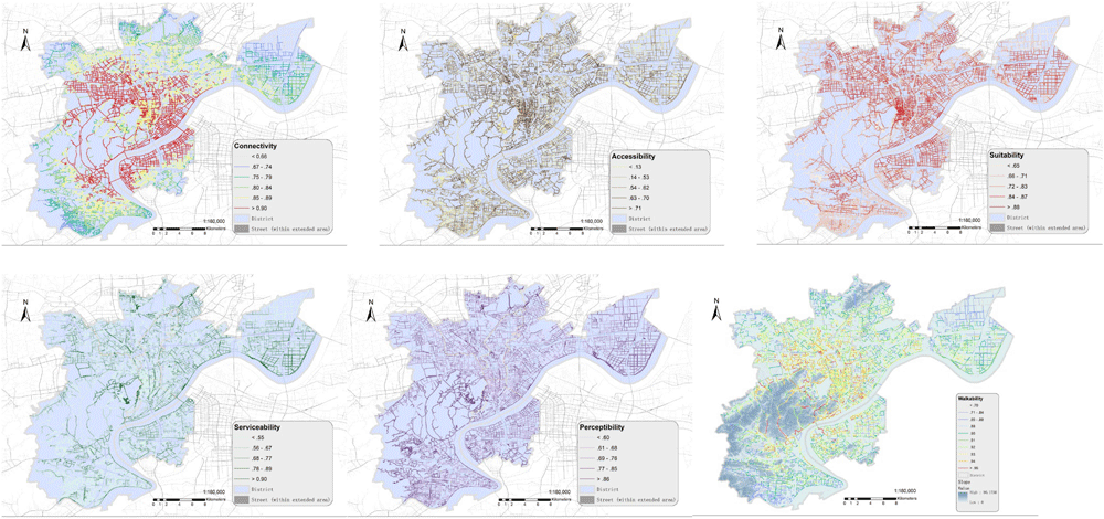 Spatial patterns of the integrated walkability index and corresponding five sub-indices at segment level within Hangzhou metropolitan area. Figure:  Su et al., 2019
