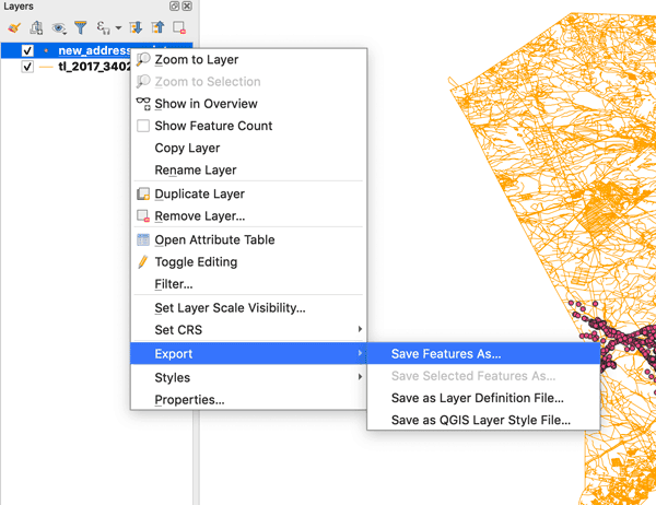 Screenshot showing the Export menu item in QGIS.