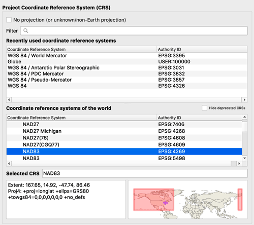 Screenshot showing the QGIS Project Coordinate Reference System interface. The Coordinate reference system NAD83 is highlighted in blue.
