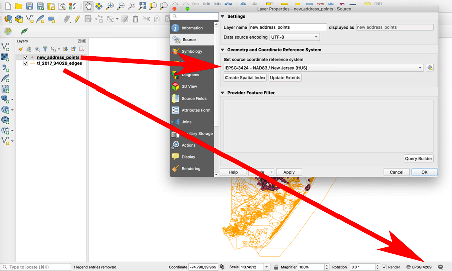 Screenshot showing a QGIS map project with the Layer Properties interface open. Two large red arrows are pointing to two different places in the interface and the map project that list the map projection information.