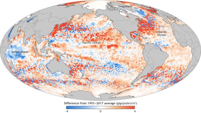 Map of ocean heat content in the upper ocean (from the sea surface to a depth of 700 meters, or 2,300 feet) for 2017 relative to the 1993–2017 baseline. Source: NASA.