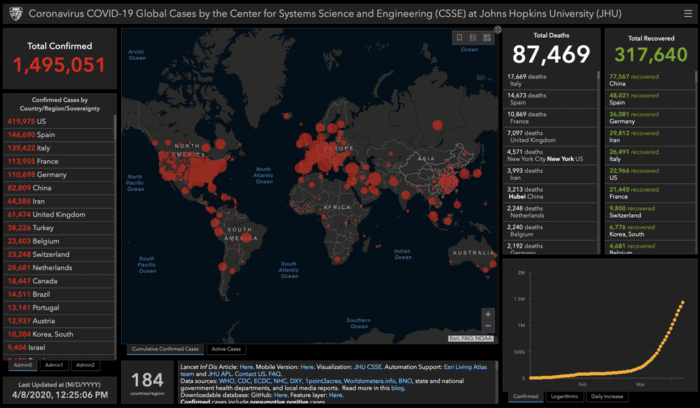 Map: Coronavirus COVID-19 Global Cases by Johns Hopkins CSSE, screenshot captured April 8, 2020.