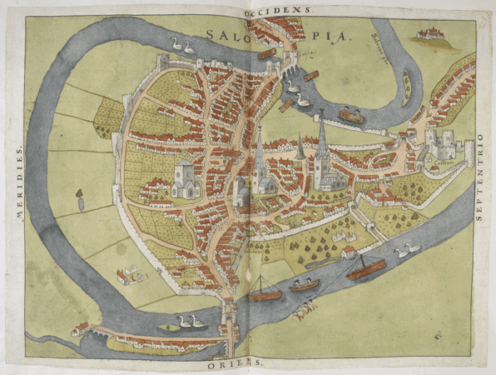 Scanned map of Shrewsbury, Shropshire, with annotations in Burghley’s hand: Royal MS 18 D III, f. 90r. British Library.