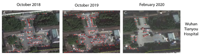 Researchers counted vehicles in hospital parking lots to estimate hospital visits between January 9, 2018 and April 30, 2020. Source: Okanyene Nsoesie et al., 2020.