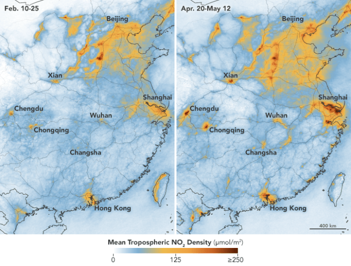 Maps showing NO2 levels in central and eastern portions of the country from February 10–25 (during the quarantine) and April 20 to May 12 (after restrictions were lifted). Source: NASA.