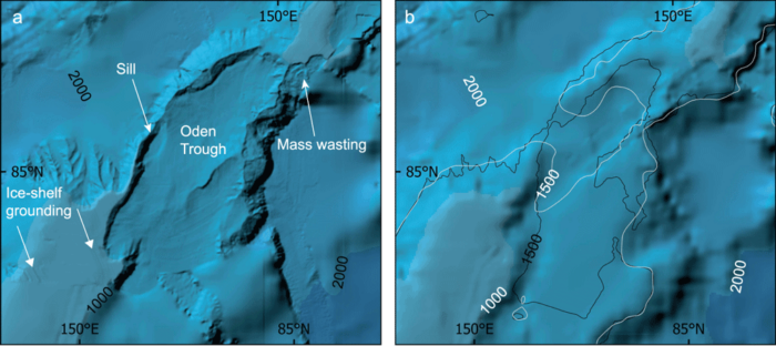 Maps showing the different in detail and resolution of International Bathymetric Chart of the Arctic Ocean (IBCAO) between Ver. 3.0 (500 × 500 m resolution) and Ver. 4.0 (200m x 200m resolution) in two areas of the Lomonosov Ridge. Source: Jakobsson, M., Mayer, L.A., Bringensparr, C. et al. The International Bathymetric Chart of the Arctic Ocean Version 4.0. Sci Data 7, 176 (2020). https://doi.org/10.1038/s41597-020-0520-9