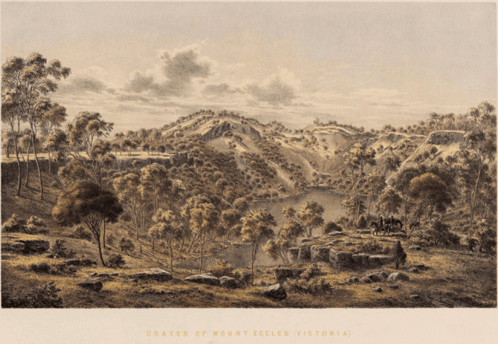 An 1860 lithographic print by Eugene von Guerard entitled Crater of Mount Eccles (Victoria). Public domain via MediaWiki Commons.