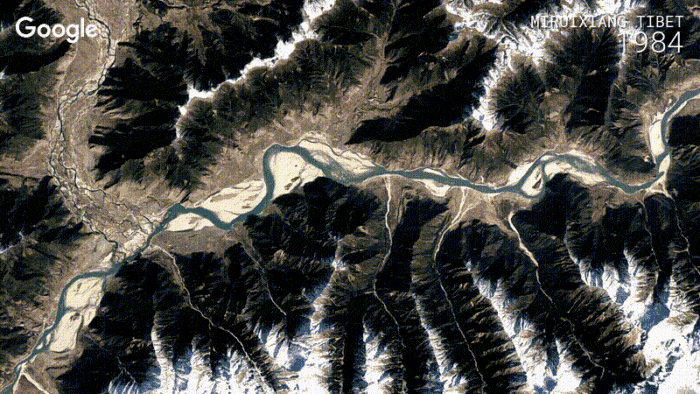 Meandering river in Nyingchi, Tibet, China [view in Timelapse] (Image credit: Landsat / Copernicus*). Via: Google