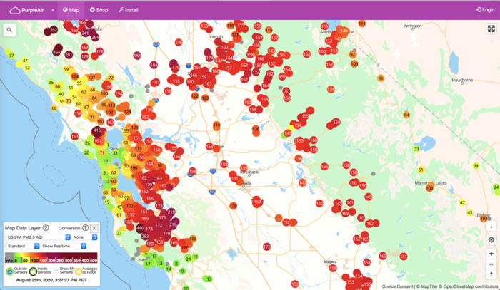 The PurpleAir map crowdsources air quality readings from Internet of Things sensors.