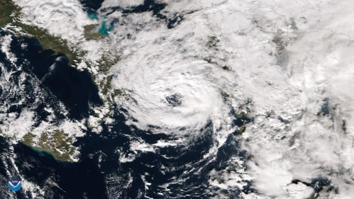 NOAA/NASA's Suomi NPP captured this image of a rare tropical-like storm system in the Mediterranean Sea intensifying off of Italy's southern coast on November 18, 2017. The image shows a well-defined eyewall as the storm entered the Ionian Sea between Italy and Greece. Image: NOAA, public domain.