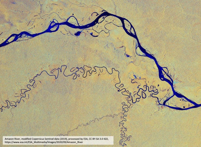 Amazon River, modified Copernicus Sentinel data (2019), processed by ESA, CC BY-SA 3.0 IGO,https://www.esa.int/ESA_Multimedia/Images/2020/09/Amazon_River