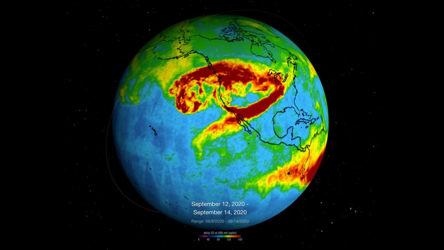 A globe showing carbon monoxide emissions with dark red for higher emissions and green for lower emissions.