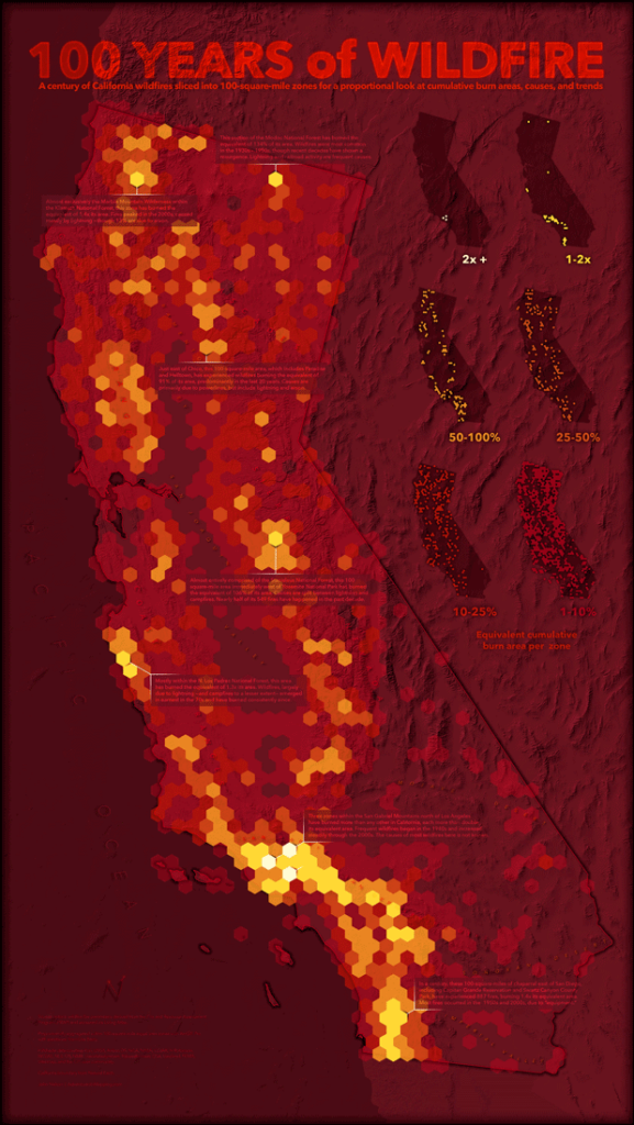 John Nelson is well known for his creative cartographic visualizations. One of his latest works is the "100 Years of Wildfire". The effort behind this map can be explored on two Esri blog posts: 100 Years of Wildfire: GIS-ification and 100 Years of Wildfire: Cartograph-izing.