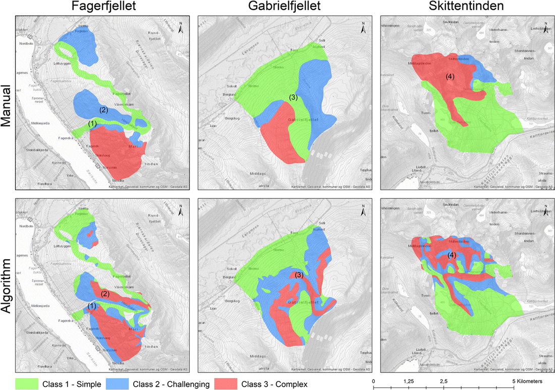 Three case study areas Fagerfjellet, Skittentinden and Gabrielfjellet used to evaluate the ATES algorithm’s performance versus a manual calculation. Figure: Larsen, Hendrikx, Slåtten & Engeset, 2020. CC BY 4.0