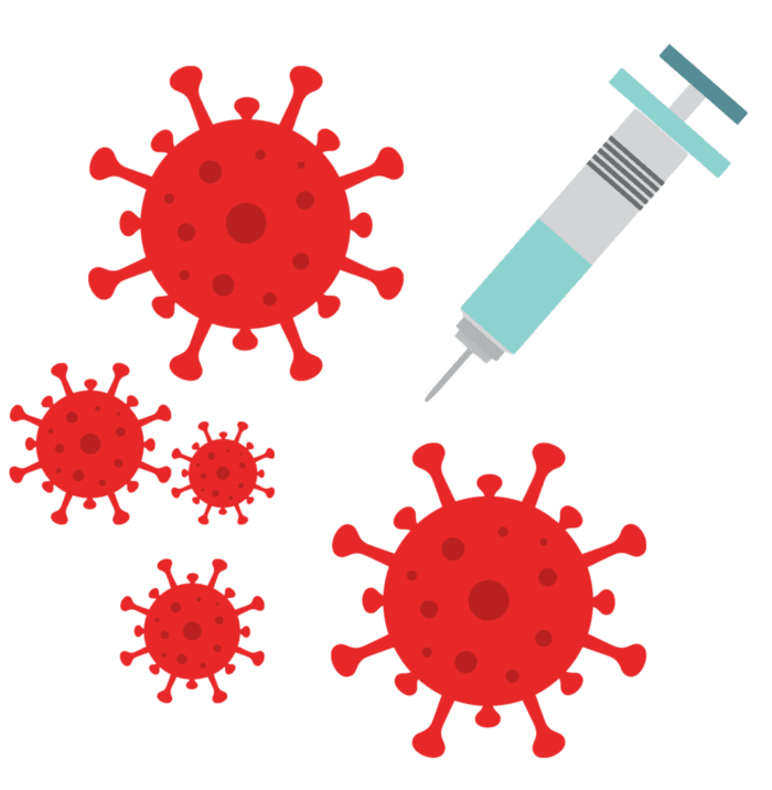 Clip art showing the coronavirus and a need representing potential vaccinations.