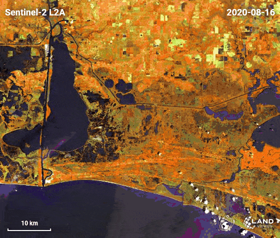 Hurricane Laura. Change detection satellite images by EOS Data Analytics