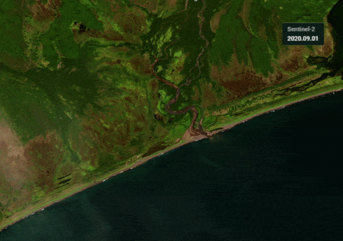 Kamchatka spill. Change detection satellite images by EOS Data Analytics