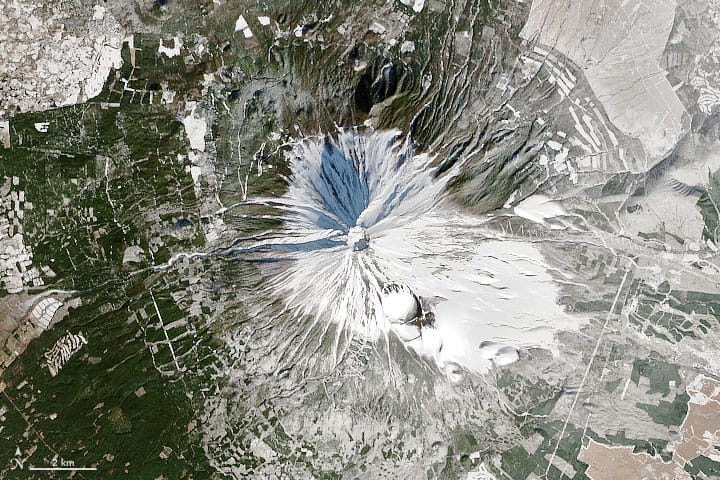 Landsat satellite image of Mount Fuji, December 29, 2013. Source: NASA, public domain.