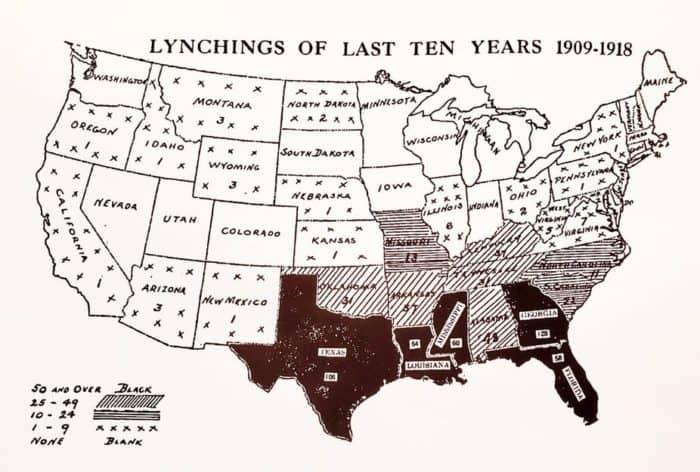 An early 20th-century NAACP map showing lynchings between 1909 and 1918. The maps were sent to politicians and newspapers in an effort to spur legislation protecting Black Americans. Library of Congress