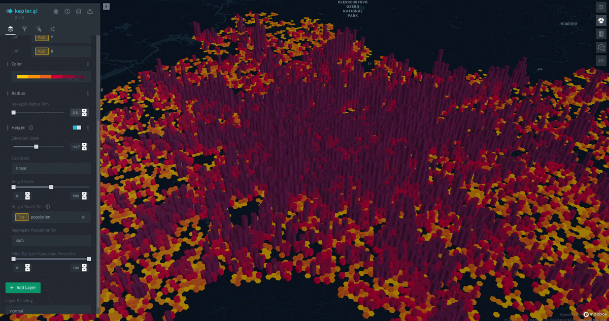 Population data for Moscow city and Moscow region visualized in Kepler.gl. Image: GeoAlert.