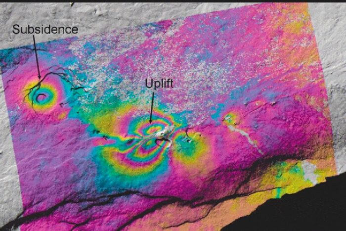 Uplift and subsidence associated with a June 2007 earthquake swam on Kilauea Volcano are depicted in this ALOS PALSAR interferogram. Kilauea Volcano, located on the southeast portion of the island of Hawaii, has been erupting continuously since 1993. Credit: Zhong Lu, USGS.