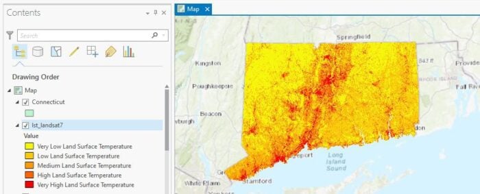LST map of Connecticut, USA (Landsat 7).