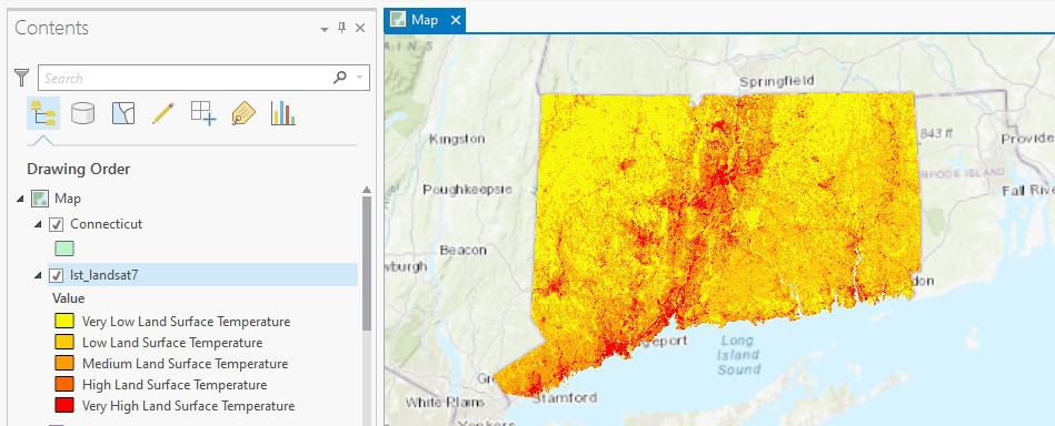 LST map of Connecticut, USA (Landsat 7).