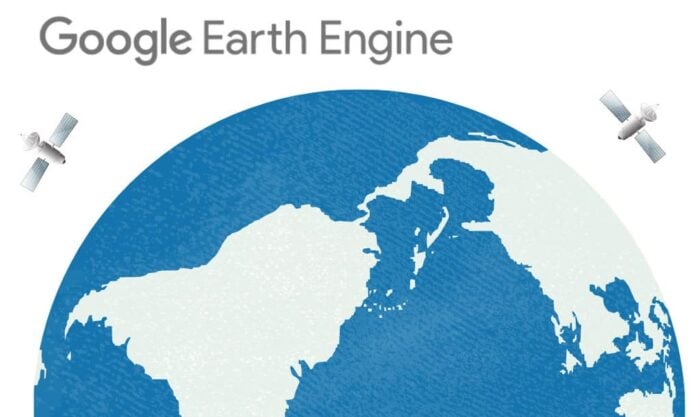 Picture with half of the earth, two satellites, and the Google Earth Engine text logo.