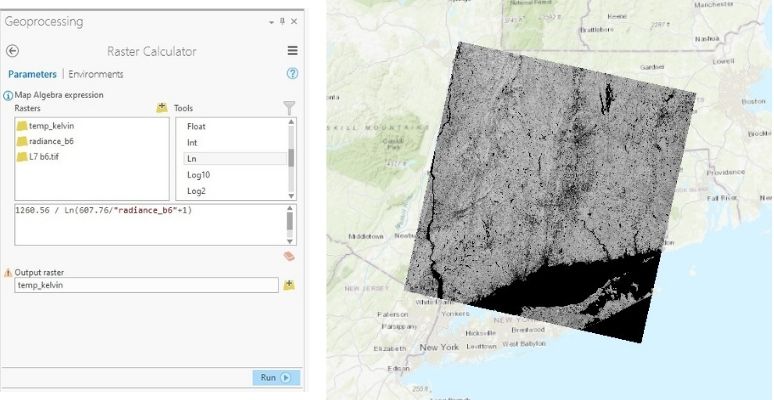 Figure 7: Conversion from radiance to BT in Kelvin in ArcGIS Pro.